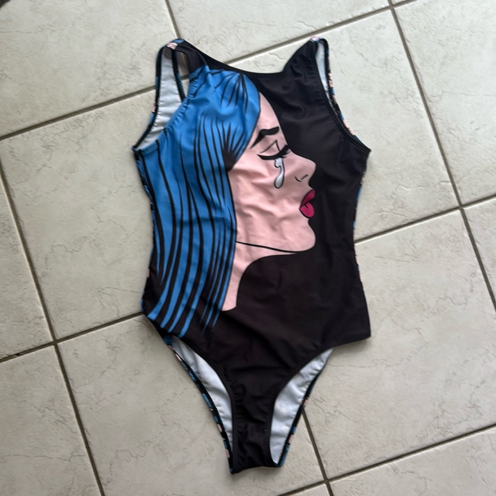 FLAXMAKER S One-Piece Comic Graffiti Swimsuit NWOT Padded Bust. Pinup style
